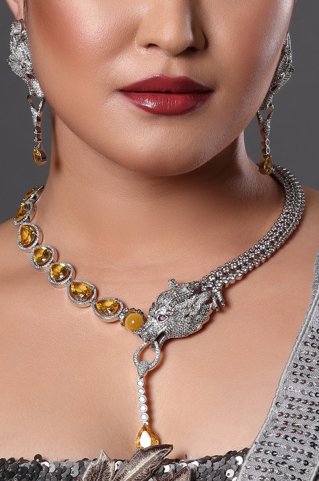 Diamond Leopard Motif Statement Necklace