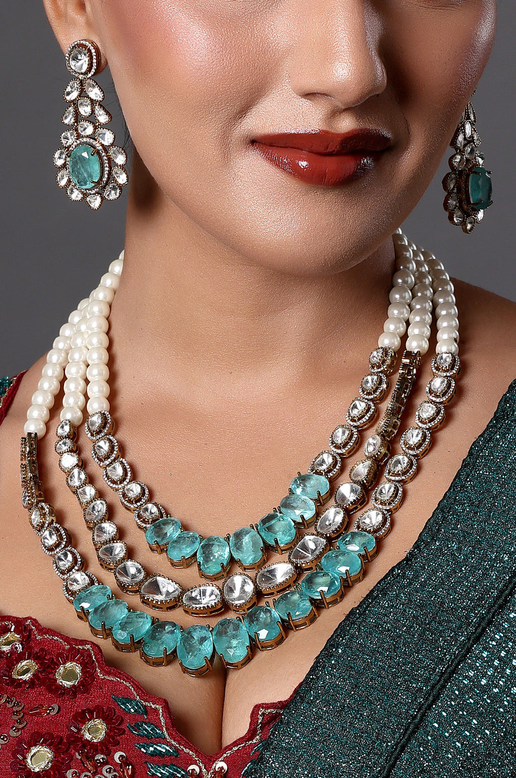 Pearl & Aqua Stone Layered Necklace Set