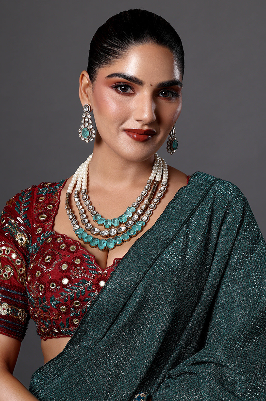 Pearl & Aqua Stone Layered Necklace Set