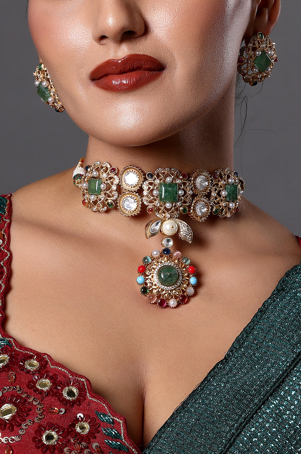 Multicolor Kundan Choker with Pendant Drop