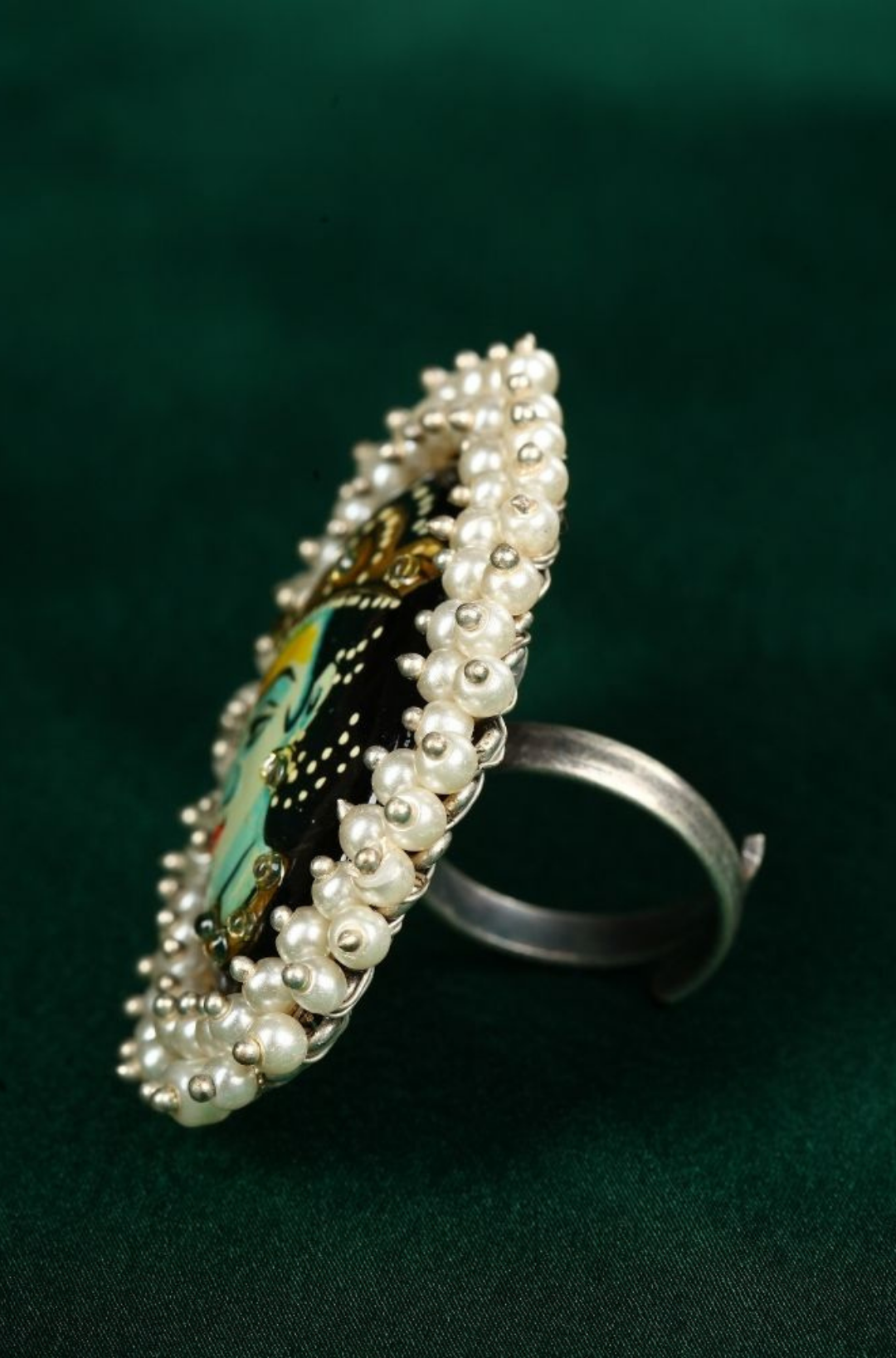 Hand Painted Lord Krishna Antique Oxidized Finger Ring