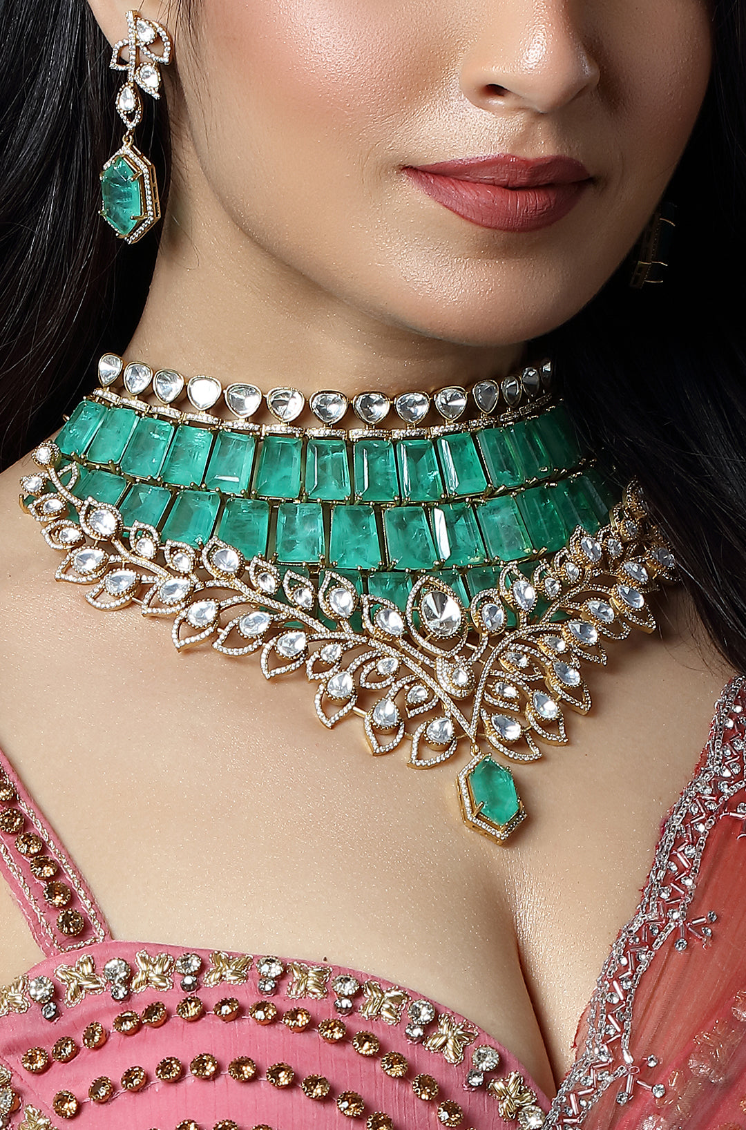 Emerald Cascade Polki Statement Choker Set