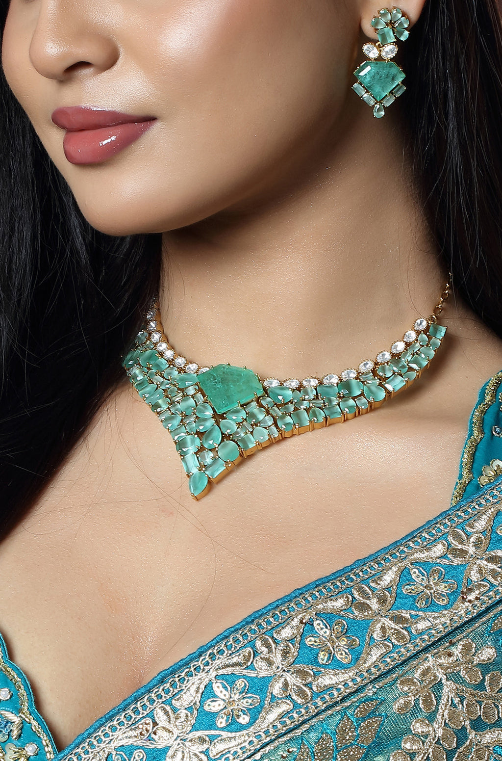 Aqua Crystal Statement Necklace Set